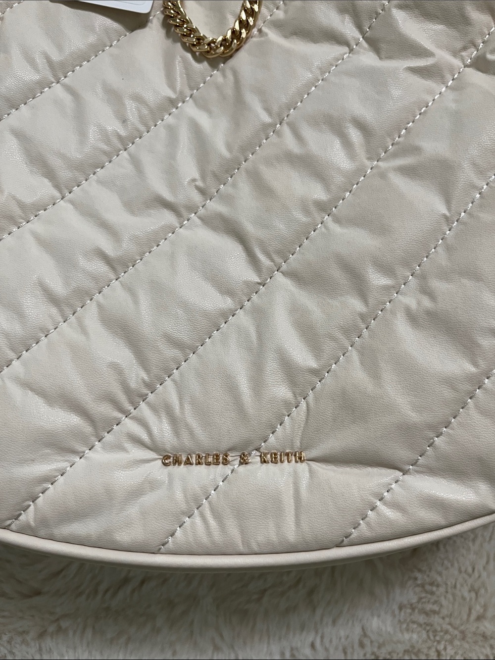 Charles & Keith Cream Quilted Crescent Bag with Gold Chains - Picture 6 of 9